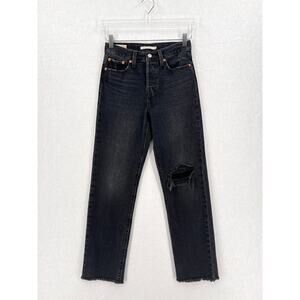 LEVIS Wedgie Straight Jeans Women 25 Black Distressed Button Fly High Rise Rigid